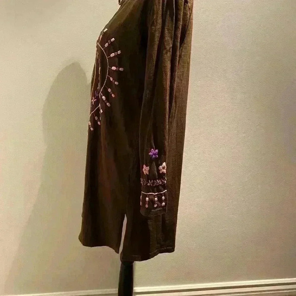 Women's Long Sleeve Embroidered Boho Natural Short Cotton Dress medium - Picture 7 of 13